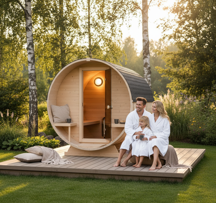 Roundline Sauna-Barrel 240cm with Electric Stove - Compact 4-6 Person Outdoor Garden Sauna