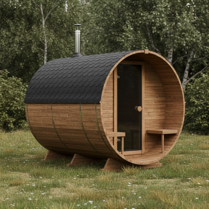 Roundline Sauna-Barrel 240cm with Wood-Burning Stove - Compact 4-6 Person Outdoor Garden Sauna