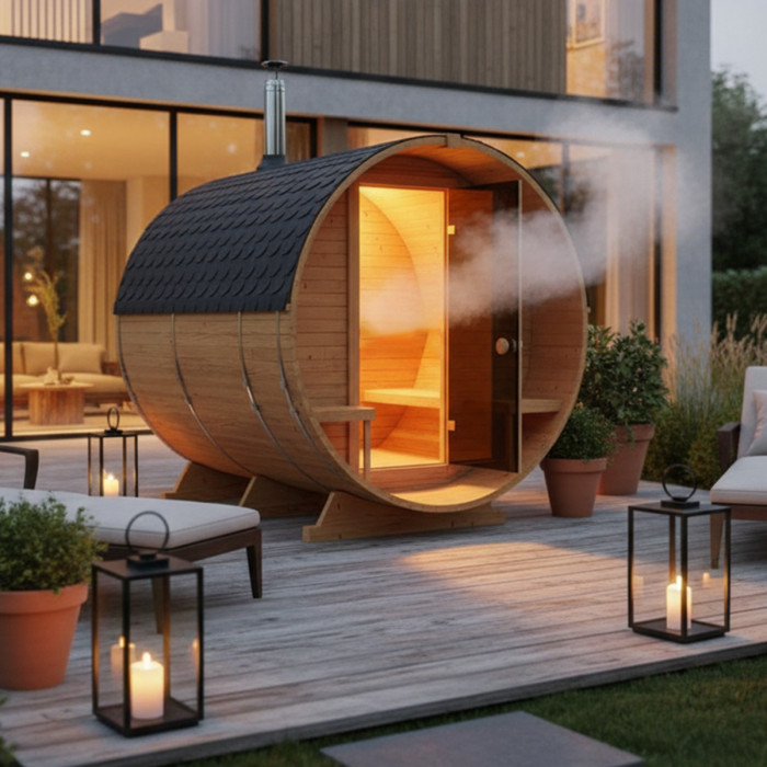 Roundline Sauna-Barrel 240cm with Wood-Burning Stove - Compact 4-6 Person Outdoor Garden Sauna