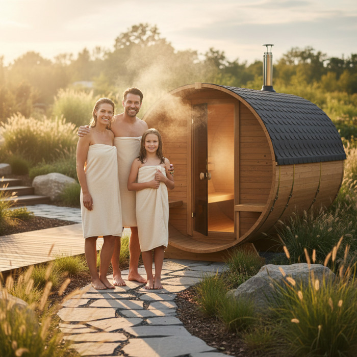 Roundline Sauna-Barrel 240cm with Wood-Burning Stove - Compact 4-6 Person Outdoor Garden Sauna