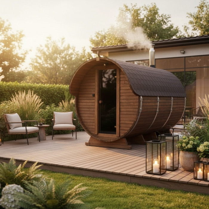 Roundline Sauna-Barrel 340cm with Wood-Burning Stove - Compact 4-6 Person Outdoor Garden Sauna