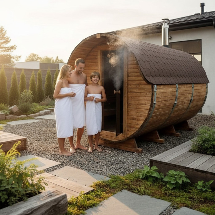Roundline Sauna-Barrel 340cm with Wood-Burning Stove - Compact 4-6 Person Outdoor Garden Sauna
