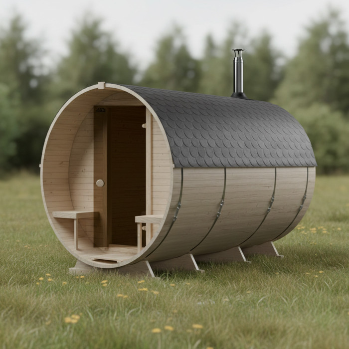 Roundline Sauna-Barrel 340cm Terrace with Wood-Burning Stove - Compact 4-6 Person Outdoor Garden Sauna 