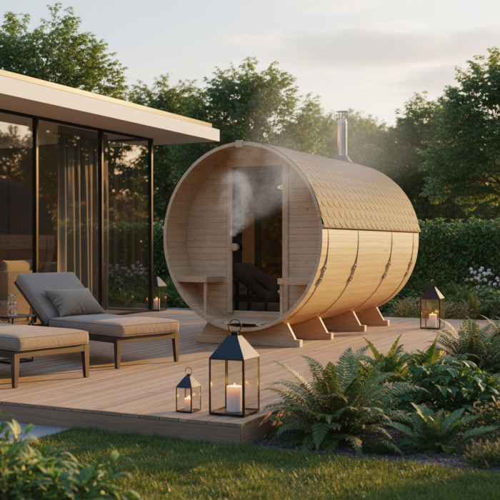 Roundline Sauna-Barrel 340cm Terrace with Wood-Burning Stove - Compact 4-6 Person Outdoor Garden Sauna 