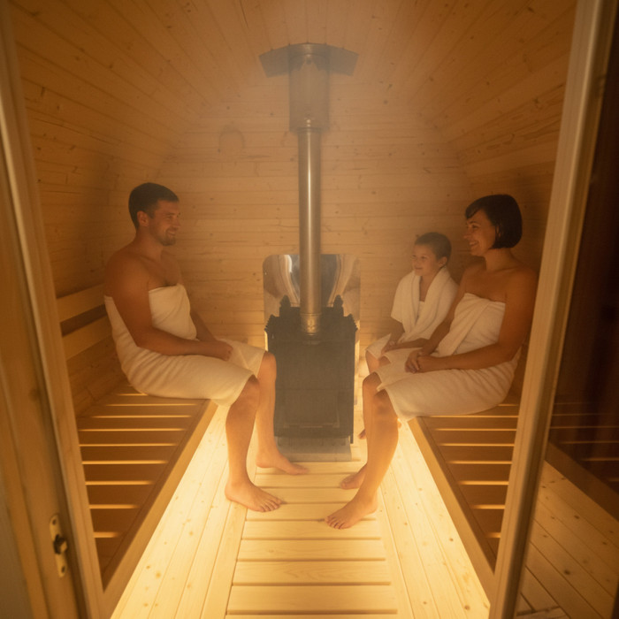 Roundline Sauna-Barrel 340cm Terrace with Wood-Burning Stove - Compact 4-6 Person Outdoor Garden Sauna 