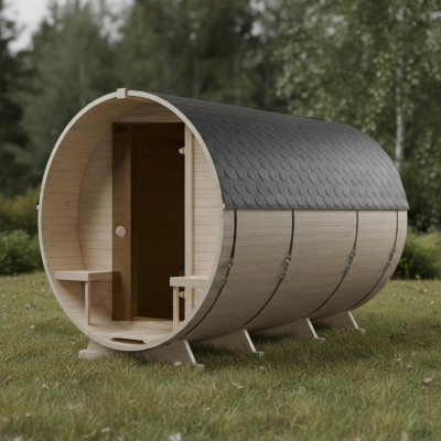 Roundline Sauna-Barrel 340cm Terrace with Electric Stove - Compact 4-6 Person Outdoor Garden Sauna