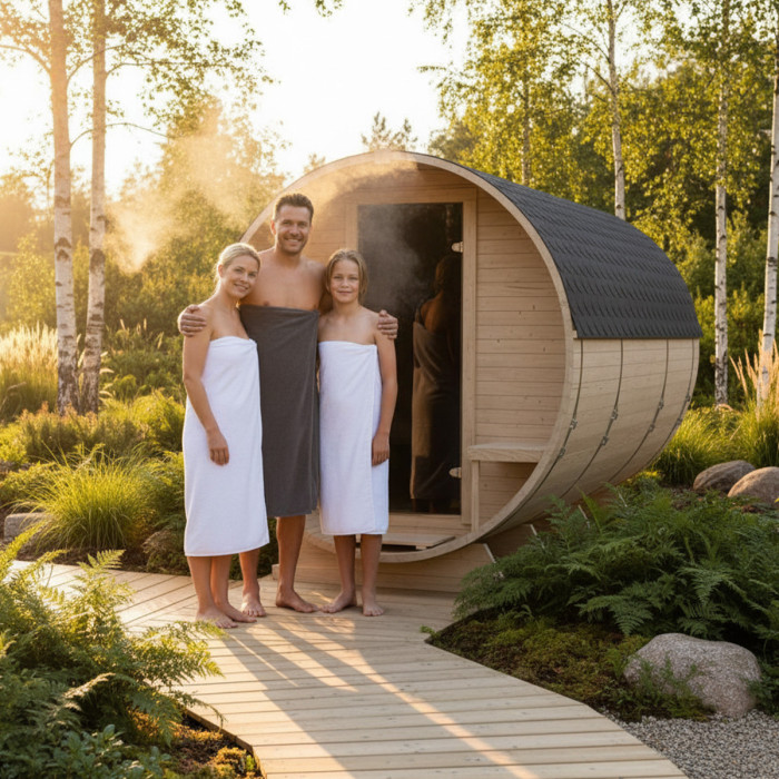 Roundline Sauna-Barrel 340cm Terrace with Electric Stove - Compact 4-6 Person Outdoor Garden Sauna