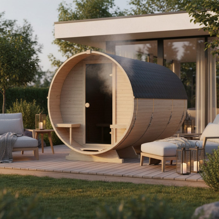 Roundline Sauna-Barrel 340cm Terrace with Electric Stove - Compact 4-6 Person Outdoor Garden Sauna