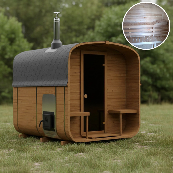 Cubeline Sauna 240 cm Wood-Burning Stove 4–6 Person Double Bench Layout