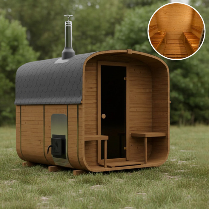 Cube Sauna 240cm with Wood-Burning Stove - Compact 4-6 Person Single Bench Layout